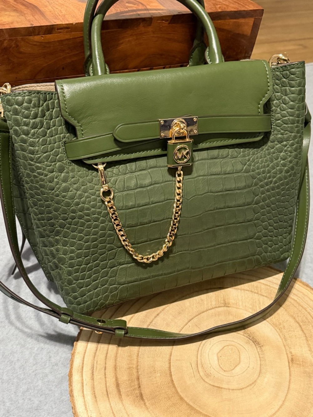 Michael Kors Hamilton Legacy Large Green Croc-Embossed Satchel Tote Bag Purse - Picture 3 of 13